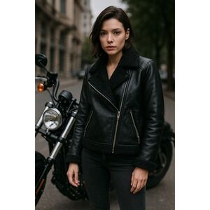 Goldie Faux Leather Sherpa Moto Bomber Jacket Women M Grunge Goth Y2K Edgy Vtg